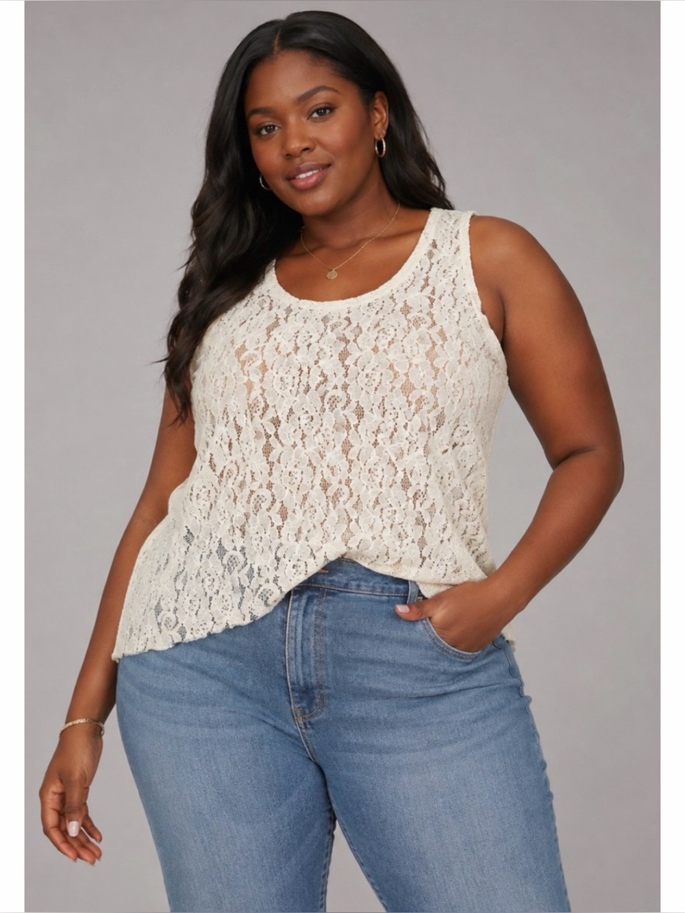 (VTG) SOLANGE • Cream Floral Lace Scoop-Neck Tank Top, 22/24